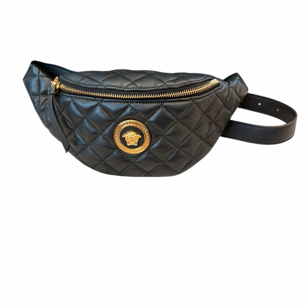 Confirmed Authentic -Versace Black Quilted Leather Belt Bag with Gold Medallion